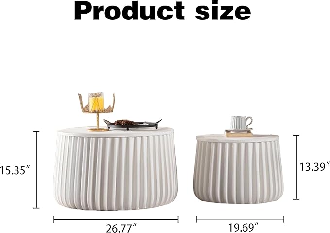 kevinplus 46.46'' White Round Coffee Table Set of 2 with Storage Space & Lift-Off Lid, Modern Circle Fluted Drum Nesting Coffee Table for Living Room, Curved-Edge Shape & No Assembly, White