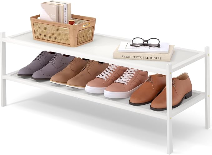 Smiry Bamboo Long Shoe Rack, 2 Tier Shoe Organizer for Entryway & Closet, Stackable Free Standing Storage Shelf for Shoes, Bags & Plants, White by Smiry