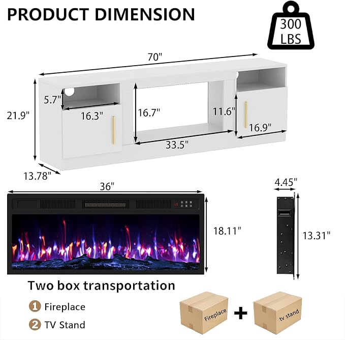 PRETZI Fireplace TV Stand with 36" Fireplace Up to 80" TVs, 70" Entertainment Center with LED Lights, Remote Control, TV Media Console with Storage Cabinets for Living Room, White - Image 2