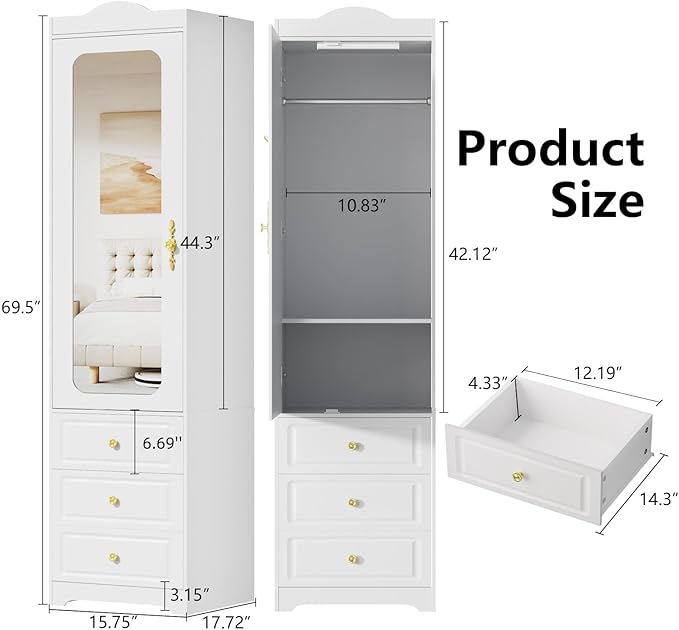 Armoire Wardrobe Closet, Updated White Bedroom Armoires Cabinet with Mirror Door and 3 Drawers, 15.7" W/69.5" H Clothing Storage Cabinet with Hanging Rod & Sensor Light for Bedroom-Left