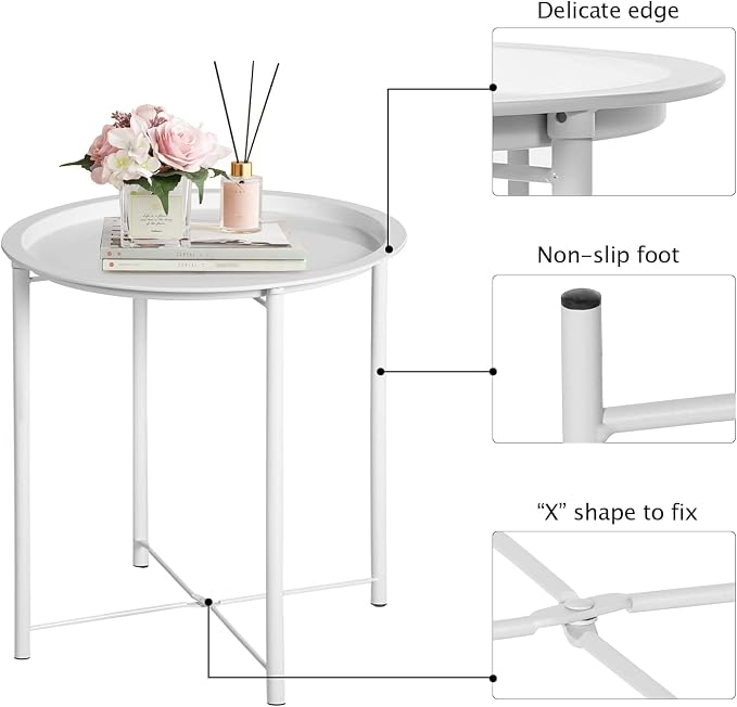 VECELO Side/End Table, Folding Round Metal Anti-Rust and Waterproof Outdoor or Indoor Tray for Living Room Bedroom Balcony and Office, 1 PCS, Beige - Image 6