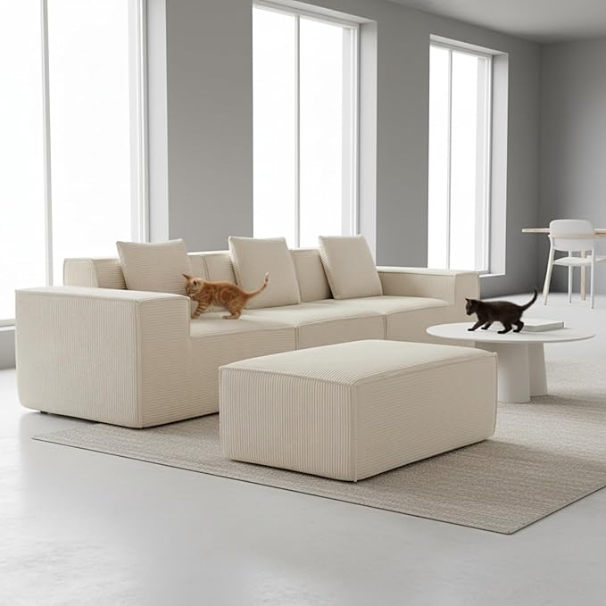 Rowan Convertible Corduroy Sectional Couch with Ottoman & Pillows, Modular L Shaped Sleeper Sofa, Boneless Cloud Couch for Living Room Furniture, Beige