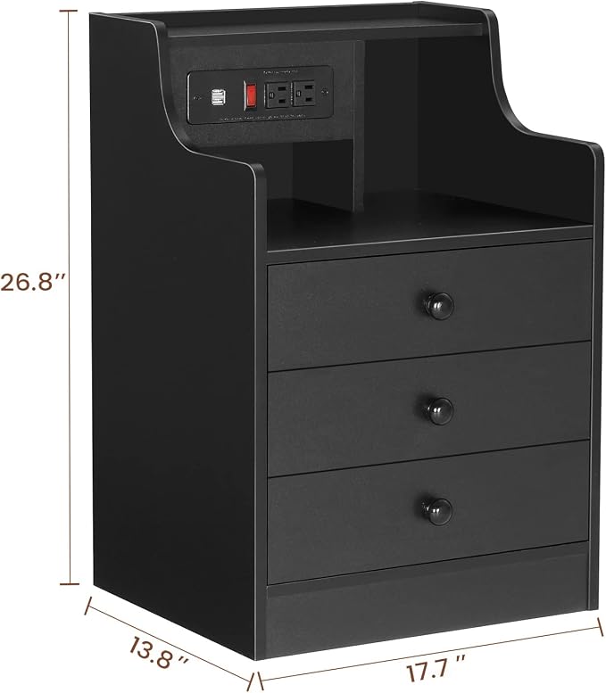 ADORNEVE Nightstand with Charging Station,Black Night Stand for Bedroom,End Table with Hutch & Storage Drawers - Image 2