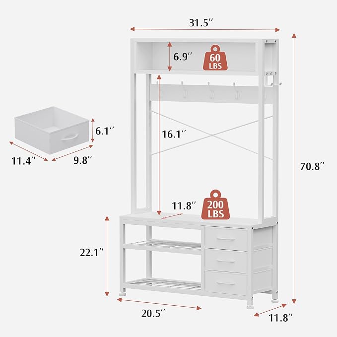 Lulive Hall Tree with Bench and Shoe Storage, 31.5" Coat Rack Freestanding with 2-Tier Storage Shelf, 5-in-1 Entryway Bench Coat Rack with 12 Hooks and 3 Drawers(White) - Image 4