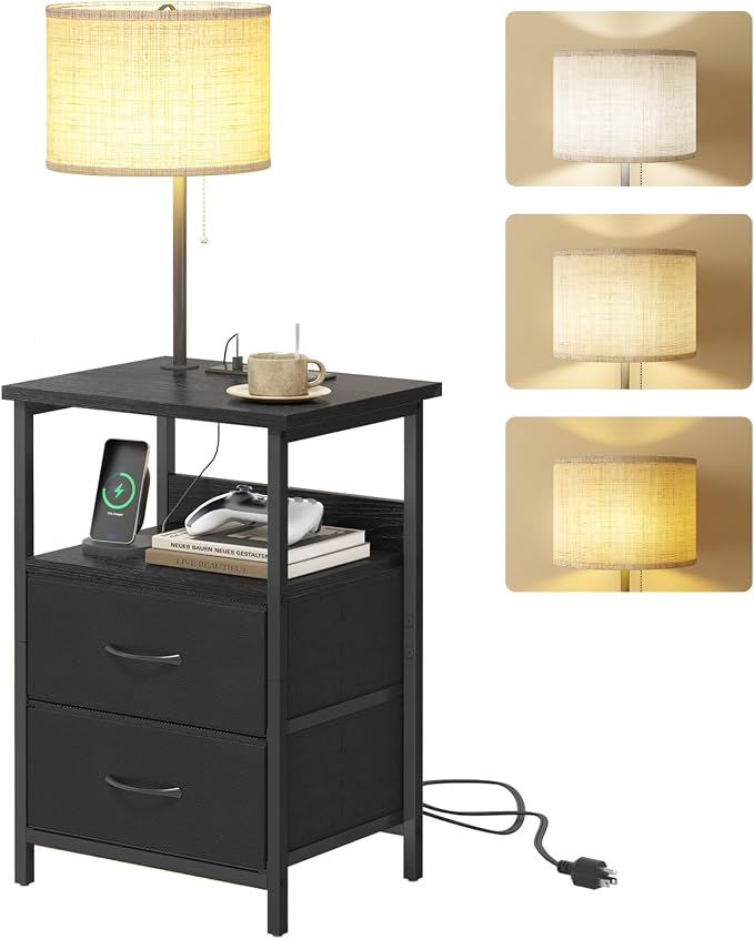 Fixwal Bedside Table with 3 Color Temperature Reading Light, Nightstand with LED Light & Charging Station End Table with Adjustable Fabric Drawer for Bedroom, Dorm, Black by Fixwal