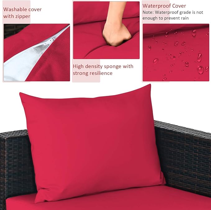 Tangkula 5 Piece Outdoor Patio Furniture Set, Sturdy Frame and Weight Capacity Up to 360 Pounds, Wicker Sectional Sofa Set with Glass Top Coffee Table, Porch Garden Poolside Furniture for 4 (Red)