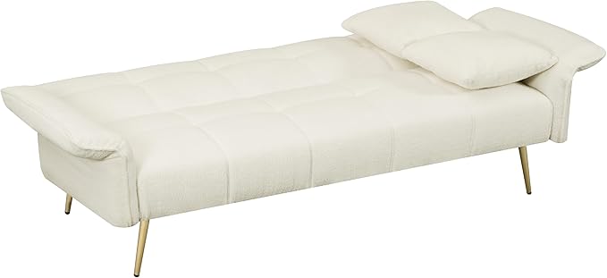 70 inch Upholstered Teddy Fleece Sofabed with Adjustable Arms and Backrest,Modern Convertible Futon Couch W/Metal Legs & Pillows,Love Sofa for Living Room,Bedroom,Apartment,Beige, 70"
