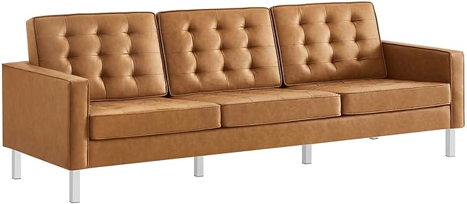 Modway Loft Tufted Button Faux Leather Upholstered Sofa in Silver Tan