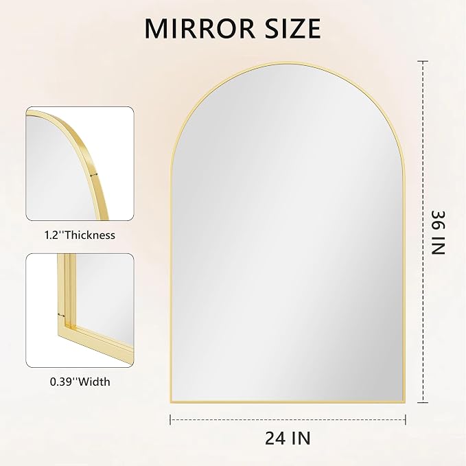 Arched Bathroom Mirror for Wall, 36" x 24" Gold Metal Frame Vanity Mirror, HD Glass Over Sink for Bathroom, Entryway, Bedroom - Image 7
