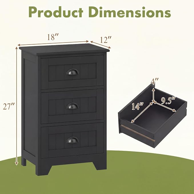 Giantex Nightstand with 3 Drawers, Bedside Table with Exquisite Metal Handles, Accent Table Sofa Side Table with Anti-toppling Device for Bedroom, Study, Black - Image 3