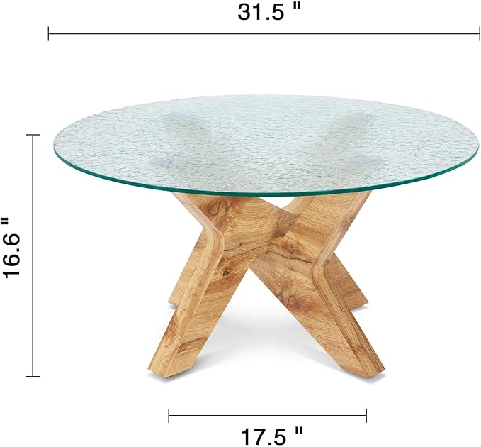 ivinta Round Glass Coffee Table, 31.5" Modern Small Center Table with Water Ripple Tempered Glass and MDF Legs for Living Room Home Office, Tree (Natural)