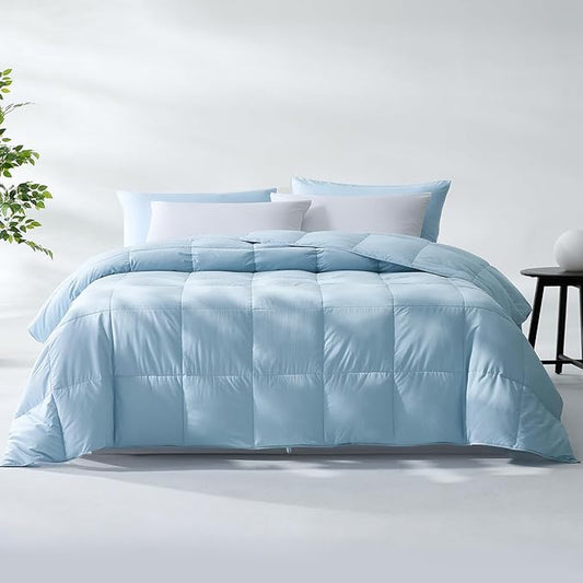 Pacific Coast Summer Goose Feather and Down Fiber Comforter Queen Size, Breathable Duvet Insert for Summer and Hot Sleepers, Natural Cooling Tencel Lyocell Shell, 8 Corner Tabs, Sky Blue, 90x90