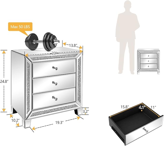 VINGLI Mirrored Nightstand Glass End Table, 23" W Silver Night Stand for Bedroom, Mirrored Bedside Table with Storage, Glass Mirror Nightstand - Image 2