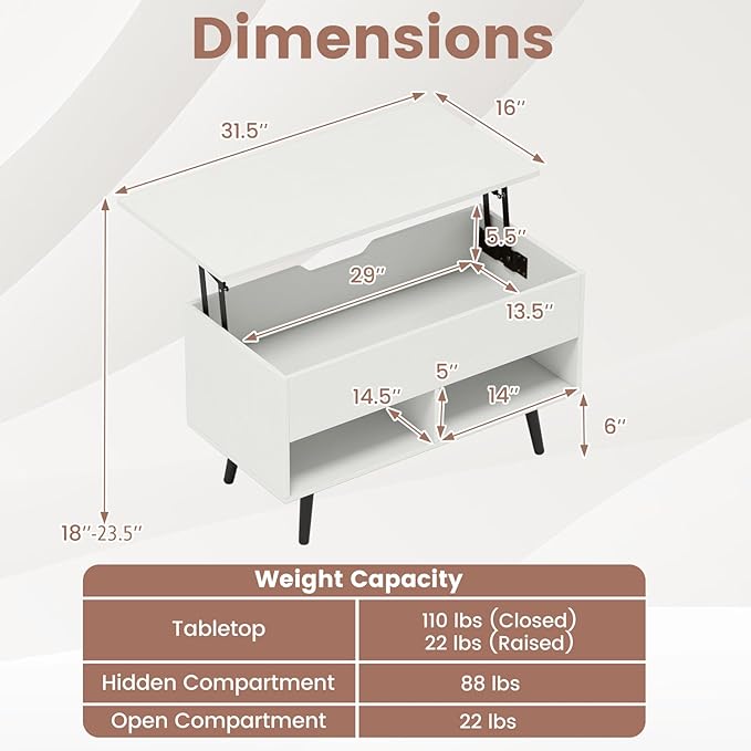 Tangkula Lift Top Coffee Table, Modern Cocktail Table with Hidden Compartment & 2 Open Shelves, Flip Top Center Table, Wooden Pull up Coffee Table for Living Room, Reception Room, Office (White)