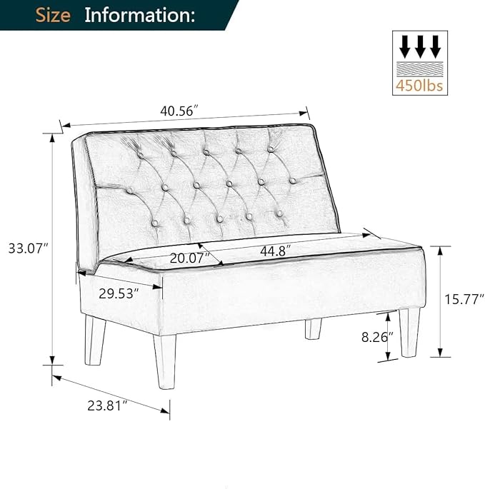 Alunaune Upholstered Blue Loveseat Bench Couch for Bedroom, Modern Cushioned Armless Settee Small Love Seat Sofa Faux Leather Living Room Couch