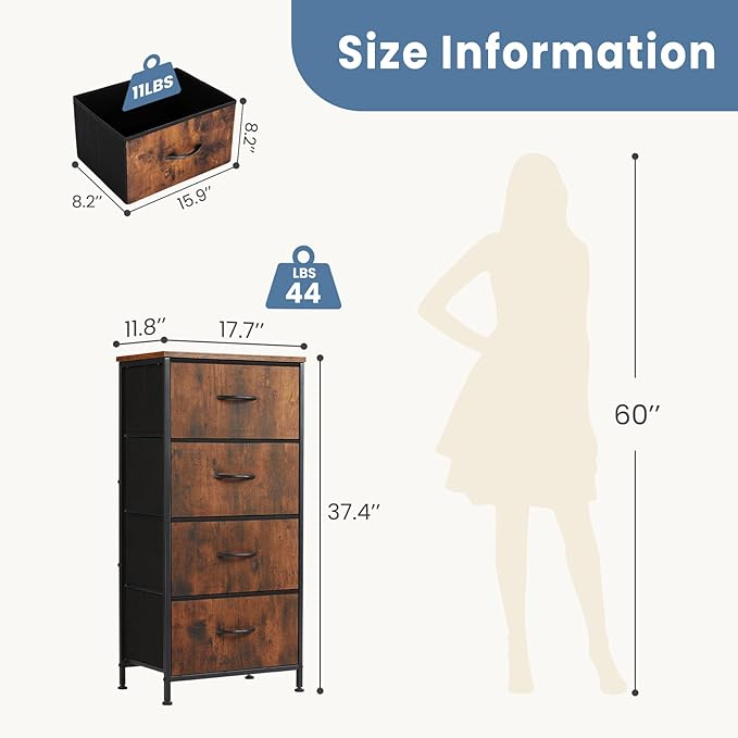 Simple Deluxe 4 Drawer Dresser, Fabric Storage Tower Organizer with Sturdy Steel Frame and Wood Top, Easy Pull Handles, for Bedroom, Entryway, Hallway, Brown