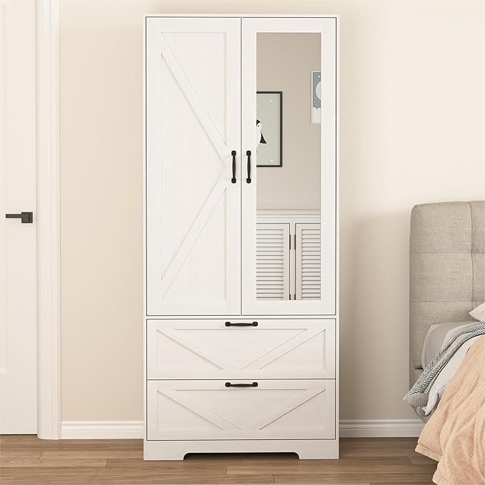 White Armoire Wardrobe Closet with Mirror Door and LED Lights,72" Tall Farmhouse Bedroom Armoire with Drawers and Adjustable Shelves,Wooden Armoire Wardrobe Closet for Bedroom
