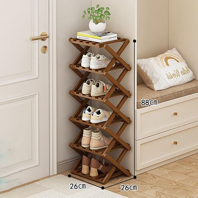 YYW Shoe Rack, Foldable Bamboo Shoes Shelf, Freestanding Shoe Storage Organiser for Entryway, Hallway, Bedroom, Closet (Brown, 6 Layers) - Image 2