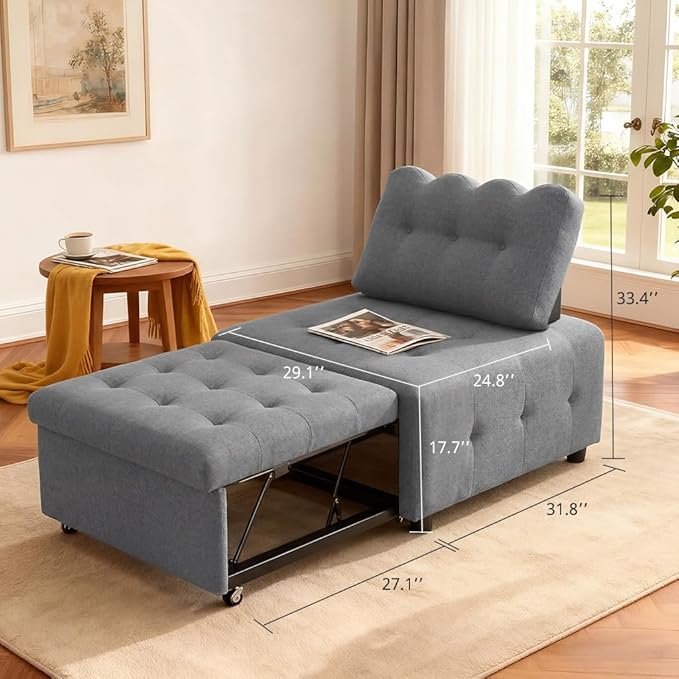 CMOHOMA Sleeper Sofa Bed,Convertible Pull Out Couch with Adjustable Backrest,Linen Chaise Lounge Chair,Sectional Couches for Living Room,Bedroom,Apartmen,Gray