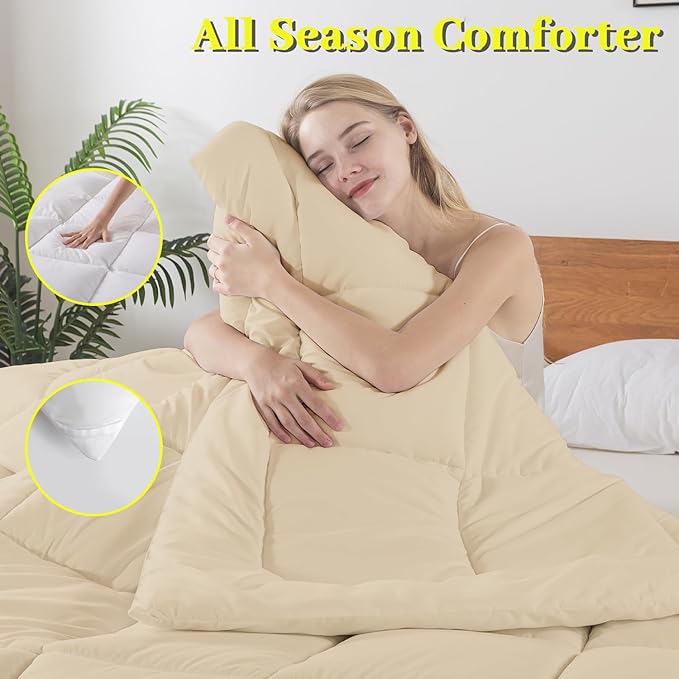 BedTreat Down Alternative Comforter Twin Duvet Insert with Corner Tabs, All Season Quilted Bed Comforter Box-Stitched Twin Comforter Beige，Machine Washable Microfiber Bedding