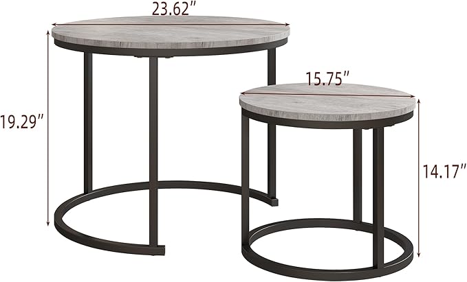HOJINLINERO Round Coffee Table,Nesting Coffee Table Set of 2,Center Tables for Living Room,Office, Home Small Space,Stacking Side Tables,Sturdy and Easy Assembly,Wood Desktop,Black+Grey,Small