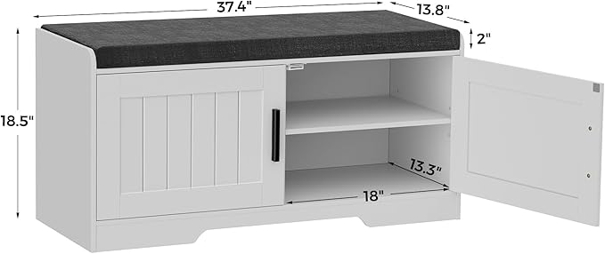 Homleke 2-Tier Storage Bench, Shoe Bench with Thickened Padded Seat Cushion, Entryway Bench with 2 Doors, Adjustable Shelf, 13.8" D x 37.4" W x 18.5" H, for Entryway, Living Room, Bedroom, White - Image 2