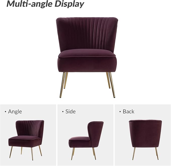 HULALA Home Velvet Accent Chair Set of 2, Modern Armless Upholstered Side Chair with Glam Gold Metal Legs for Vanity Living Room Bedroom - Purple