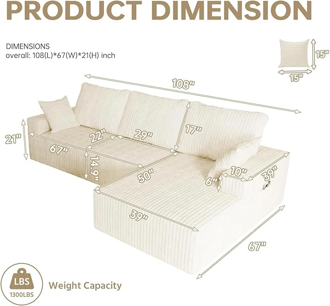 106" Boneless Couches for Living Room, Modular Sectional Sofa, L-Shape Sofa Couches,Cloud Couch Sectional, Comfy Corduroy Sofa, with Deep Seat, No Assembly Required (White, 108"+Right Facing Chaise)