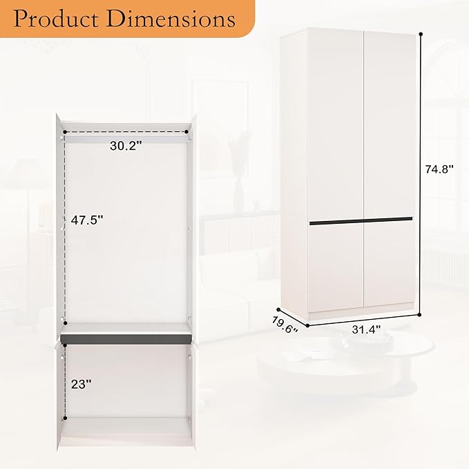 Armoire Wardrobe Closet with Doors: 75" White Large Wardrobe Closet with 2 Doors, Clothes Cabinets for Bedroom Armoires with Storage, Wood Wardrobes Closets for Hanging Clothes (C-Style, 31.5")