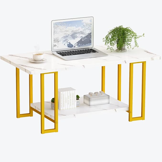 Lamerge Coffee Table, Modern Faux Marble Top Coffee Table with Metal Frame and Storage Shelf, 2-Tier Rectangle Accent Cocktail Table for Living Room, Office, White Gold