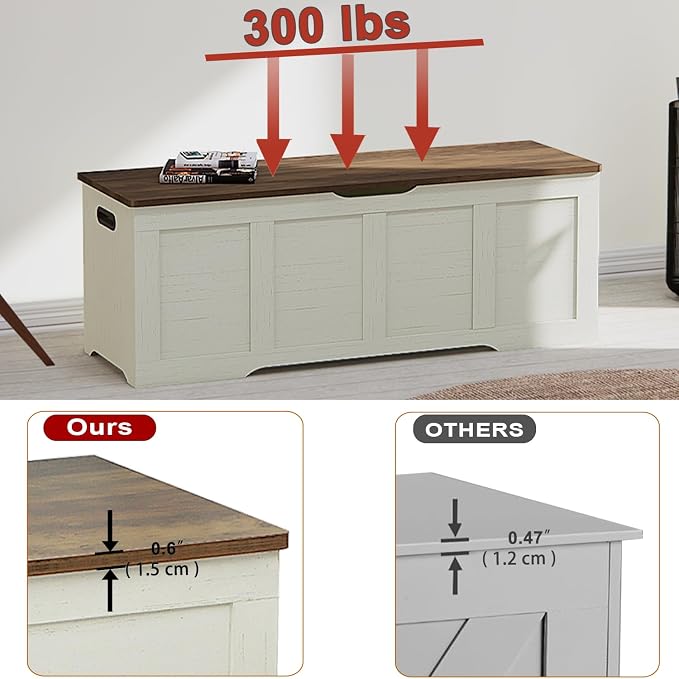 Timberer 47.2" Storage Chest, Extra Large Storage Trunk with 2 Safety Hinges, Wooden Storage Bench, Shoe Bench, Entryway Bench for Living Room, Bedroom, Brown and Rustic White - Image 4