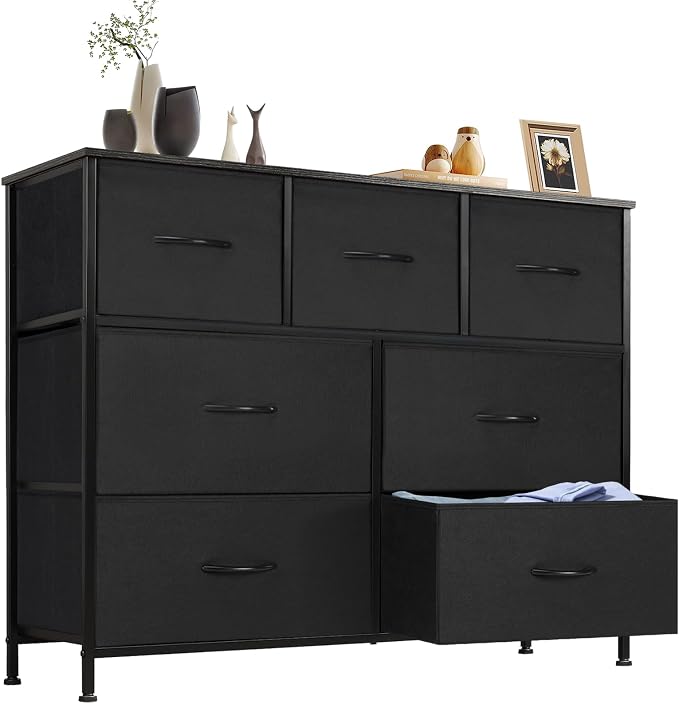Sweetcrispy 7 Drawer Dresser Storage Organizer with Fabric Bins, Sturdy Steel Frame and Wood Top, Easy Pull Handles, for Bedroom Closet Hallway Entryway,Black by Sweetcrispy