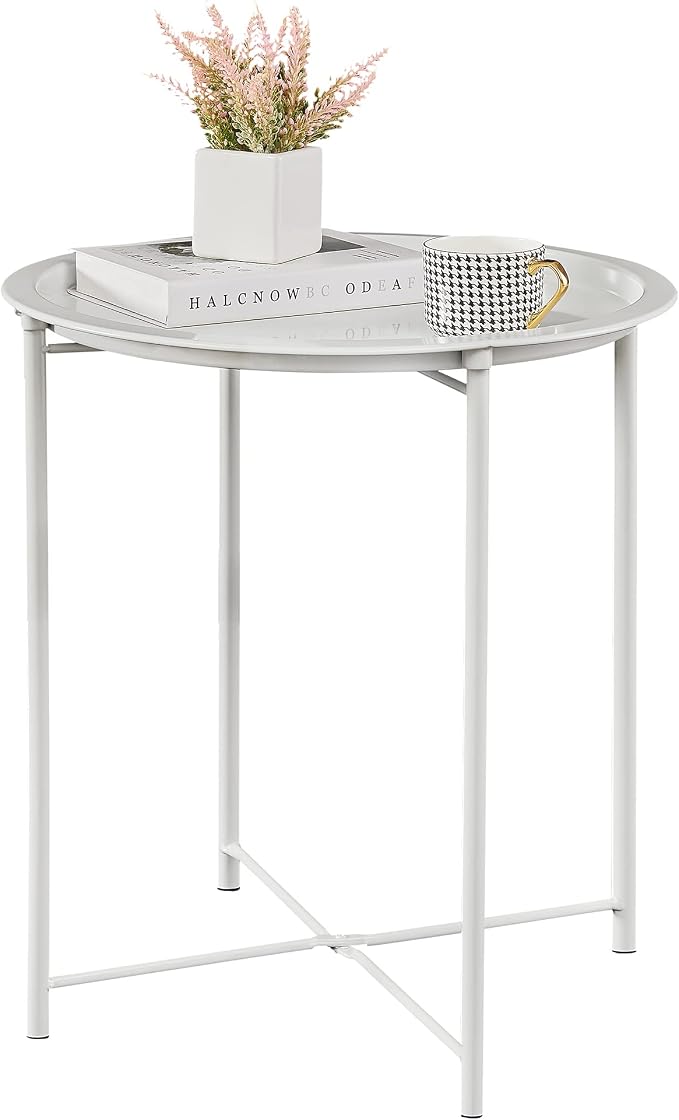 VECELO Side/End Table, Folding Round Metal Anti-Rust and Waterproof Outdoor or Indoor Tray for Living Room Bedroom Balcony and Office, 1 PCS, Beige by VECELO