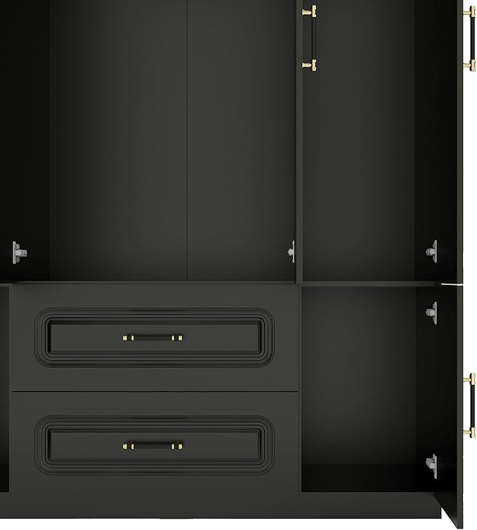 Armoire Wardrobe Closet with 4 Doors, Tall Wooden Armoire Wardrobe Closet with 2 Drawers and 2 Hanging Rods, Armoires and Wardrobes, Clothes Storage Organization for Bedroom Black