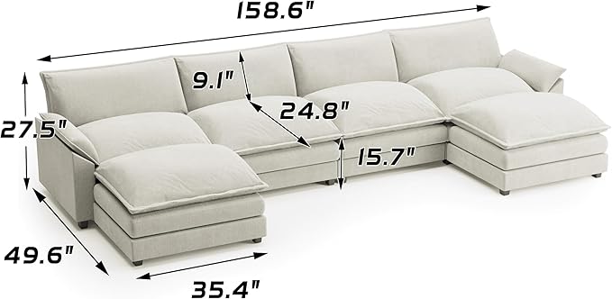 Shahoo Sectional Modular Sofa U Shaped Chenille Fabric Couch with High Supportive & Soft Sponges and Removable Ottoman, Sleeper Comfy Upholstered Furniture for Living Room, Bright Beige