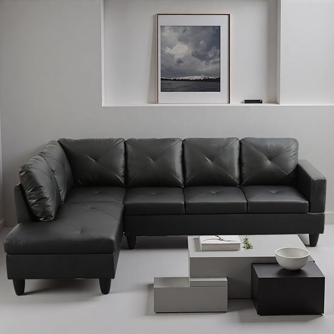 L Shape Sectional Couch with Chaise, 97 Inch Modular Sofa with Ergonomic Reclined Backrest, Sectional Couches for Living Room, Cross Hatch Patterns, for Office and Small Apartment, Black
