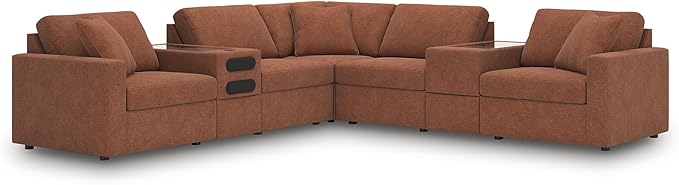 Signature Design by Ashley Modern Modmax Stain Resistant L-Shape Symmetrical 7-Piece Balanced Sectional with Audio and Storage Consoles, Orange