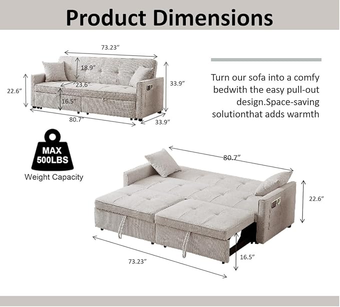 82" 3 in 1 Convertible Sleeper Sofa Bed, Modern Fabric Pull Out Couch, Loveseat Sofa with Pillows & Pockets, Futon Couch Bed Reclining Backrest for Living Room, Bedroom, Apartment, Beige