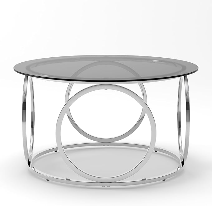 32" Tempered Glass Round Coffee Table Modern Chrome Frame Ring Base Single-Layer Circle Living Room Center Tables