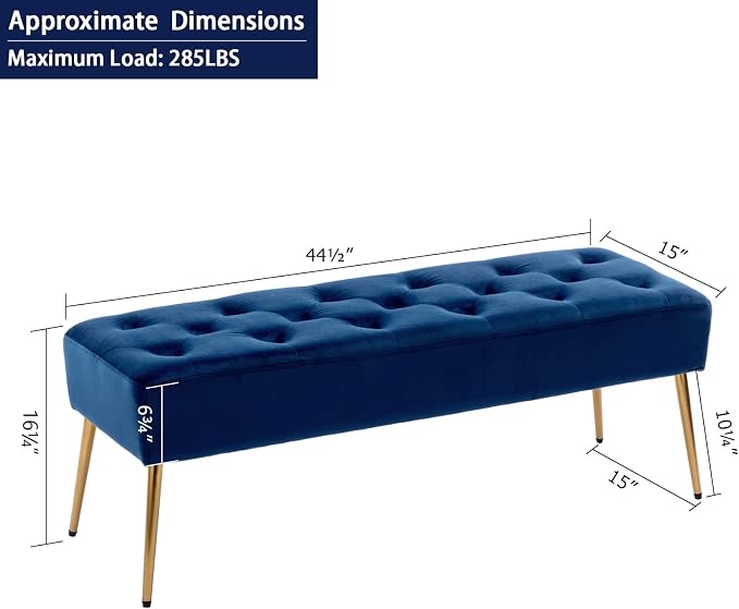 DUHOME Button-Tufted Ottoman Bench, Upholstered Bedroom Benches Velvet Footrest Stool Dining Bench Accent Bench for Entryway Dining Room Living Room Bedroom, Dark Blue - Image 3