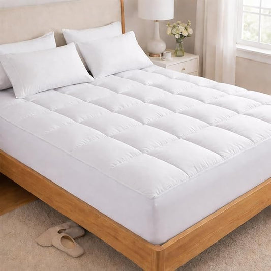 Premium Quilted 1000GSM Luxury Extra Thick Mattress Topper, King Size Cooling Mattress Pad, Overfilled Plush, Cloud-Like Comfort, Breathable, 8-21" Deep Pocket (White, Queen)