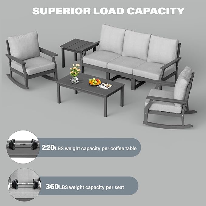 HDPE Patio Conversation Set, 7-Piece All Weather Outdoor Furniture Set with 2 Single Rocking Armchairs for Deck, Lawn, with Cushion, Gray