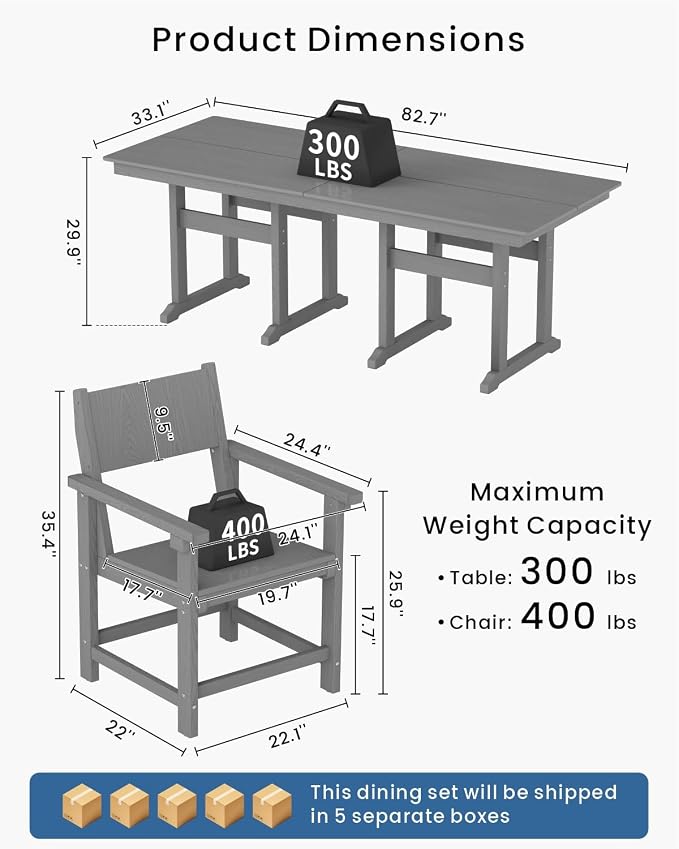 9-Piece Outdoor Dining Set, HDPE Weatherproof Patio Table and Chairs Set for 8, Outdoor Patio Furniture Sets with Umbrella Hole for Outside, Deck, Backyard, Garden (Grey) - Image 2