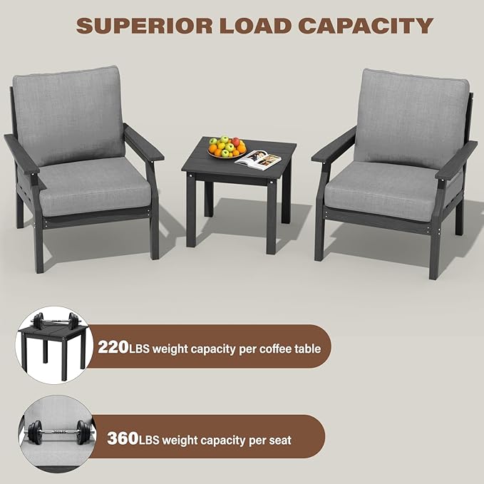 HDPE Patio Conversation Set, 3-Piece All Weather Outdoor Furniture Set with 2 Single Sofas for Deck, Lawn, with Cushion, Gray