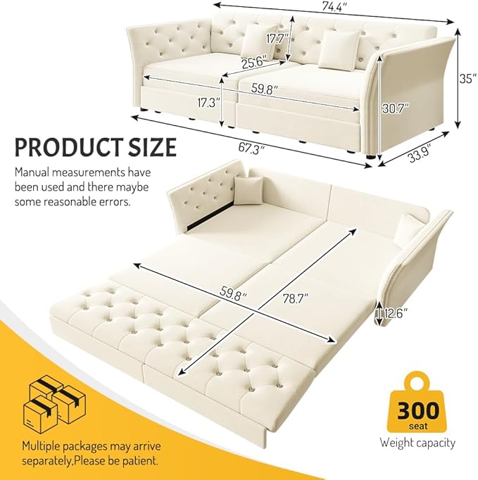 ERYE 3-in-1 Foldable Sleeper Sofa Bed Velvet Fabric Loveseat Sofabed, 74-Inch Queen Loveseat Convertible Pull Out Sleeper Couch Bed with Flower Tufted Accent, Easy Assemble