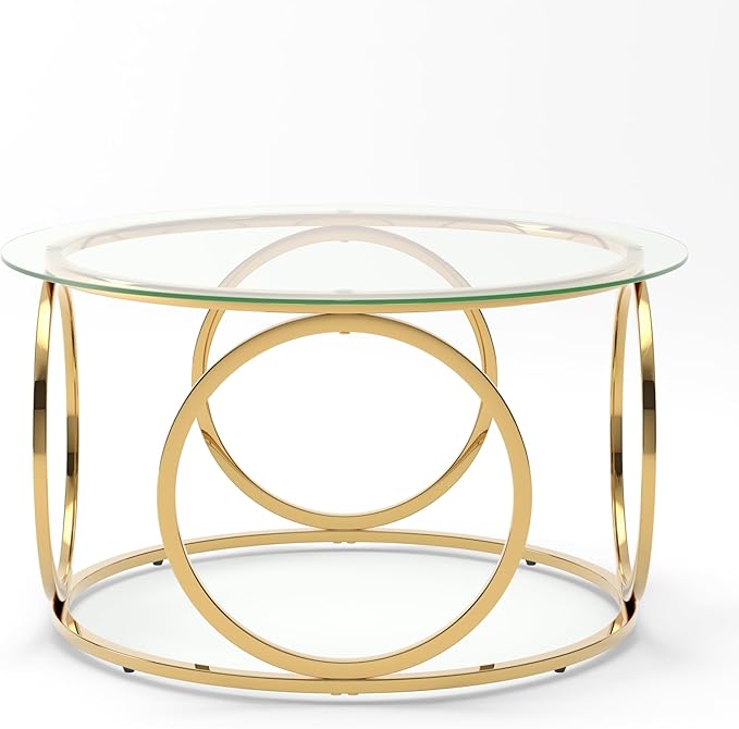 32" Tempered Glass Round Coffee Table Modern Gold Frame Ring Base Single-Layer Circle Living Room Center Tables