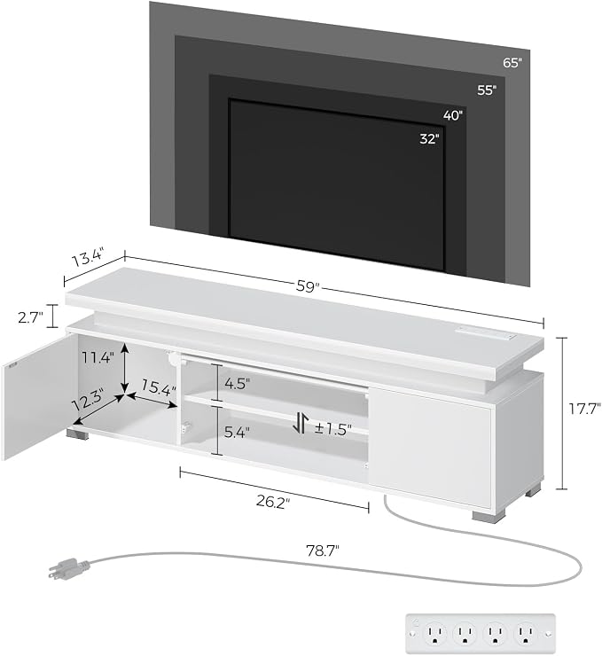 Rolanstar TV Stand with LED Lights & Power Outlet, Modern Entertainment Center for 32/43/50/55/65 Inchs TVs, Table, Universal Gaming Media Stand Storage Cabinet and Large Storage, White - Image 5