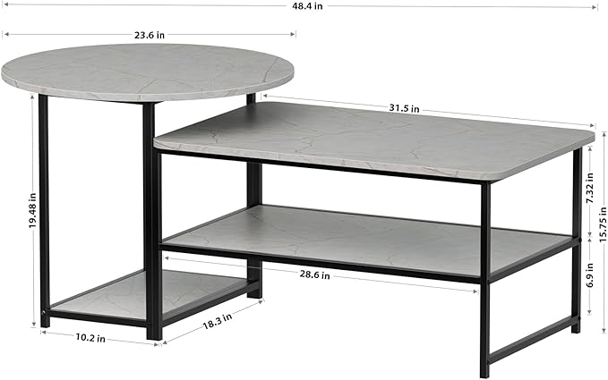 WOHOMO Coffee Table, Modern Style Coffee Tables for Living Room Marble Center Table with Storage 2 in 1 Detachable Nesting Table Set, Grey Marble