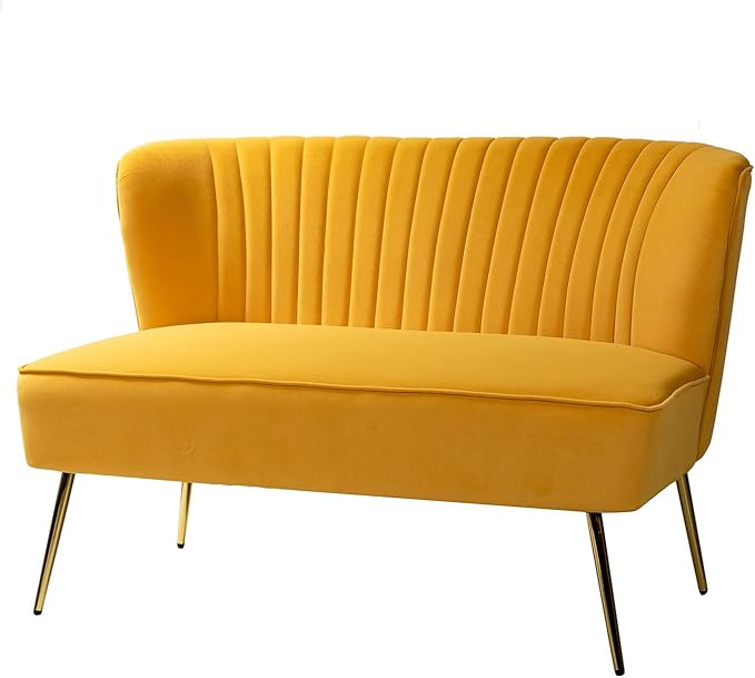 HULALA HOME 3 Piece Velvet Living Room Furniture Set, Modern Comfy Upholstered Chair Set with Golden Legs, include Loveseat & 2 Accent Chairs for Bedroom, MUSTARD Tufted 2-Seater Sofa & Armless Chairs