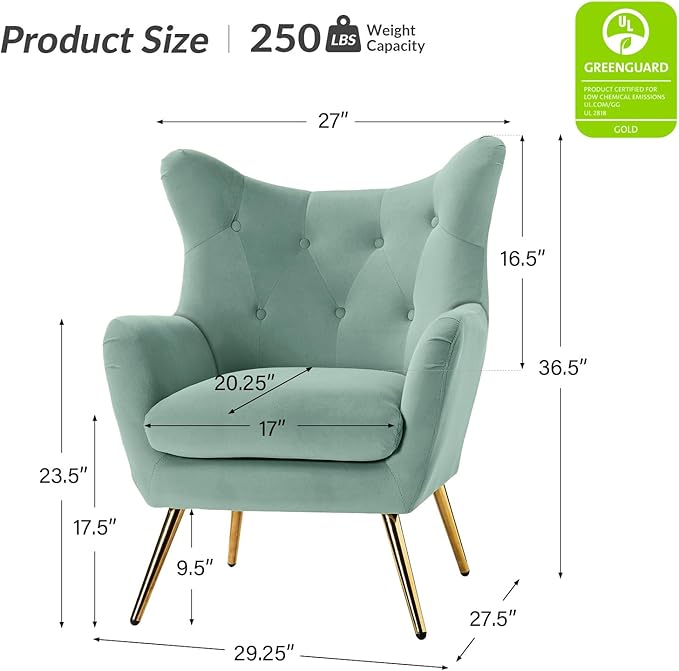 HULALA HOME Velvet Accent Chair, Modern Wingback Arm Chair with Metal Gold Legs, Velvet Tufted Upholstered for Living Room Bedroom, Dining Room(SAGE)